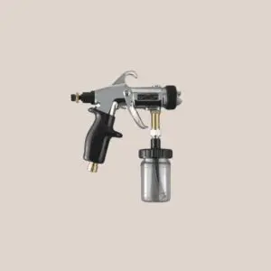 Spray tanning application gun with solution container.